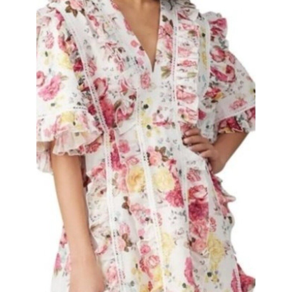La Maison Talulah Tea Time Mini Dress Floral Linen Tiered Dainty Cottagecore M - Picture 9 of 16